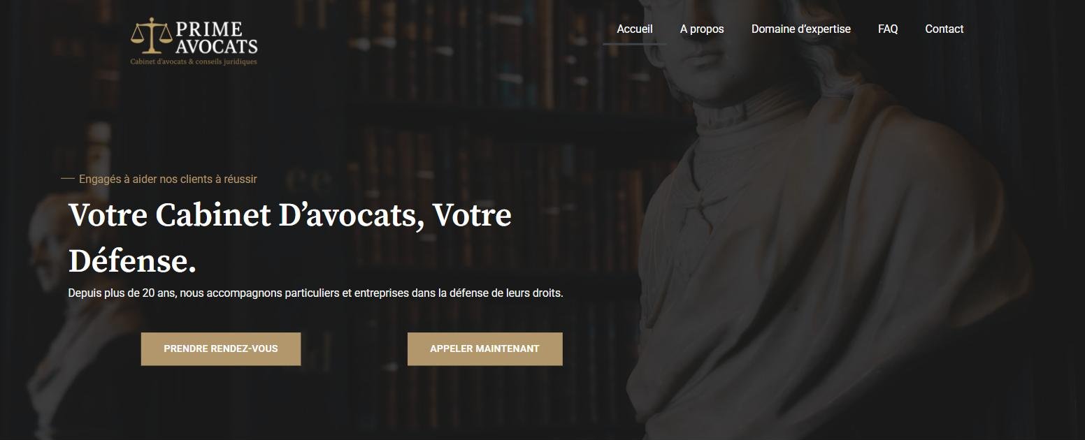 Page d'accueil du site démo Prime Avocats, cabinet d'avocats, réalisé avec WordPress