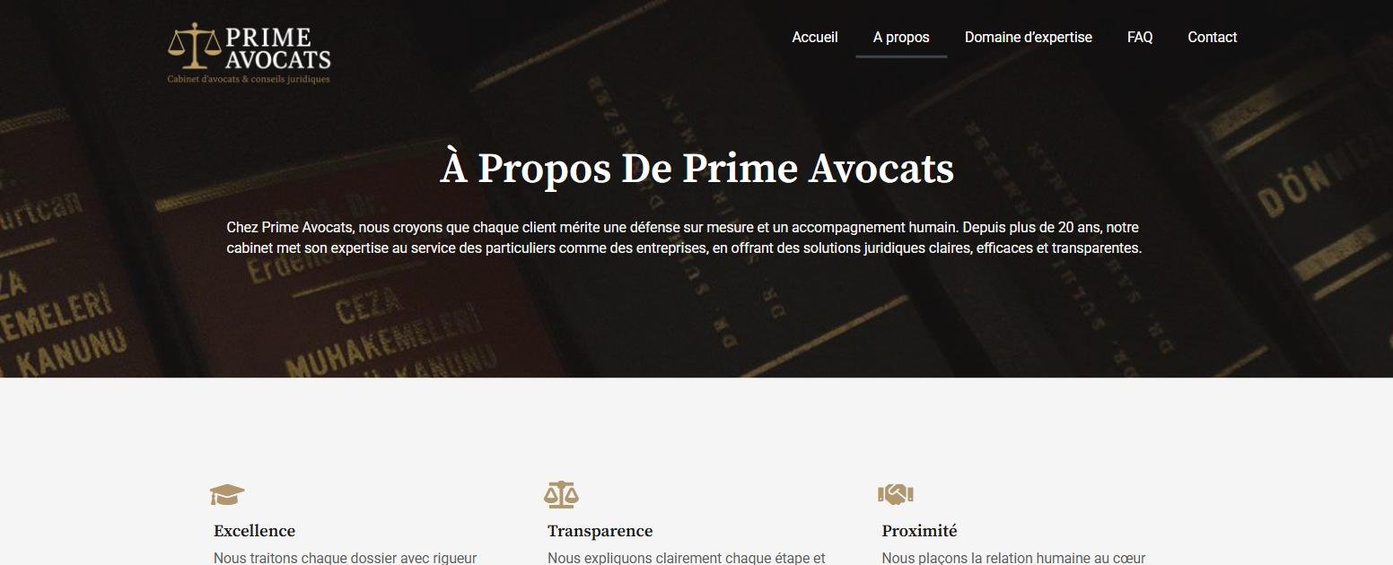 Page À propos du site démo Prime Avocats