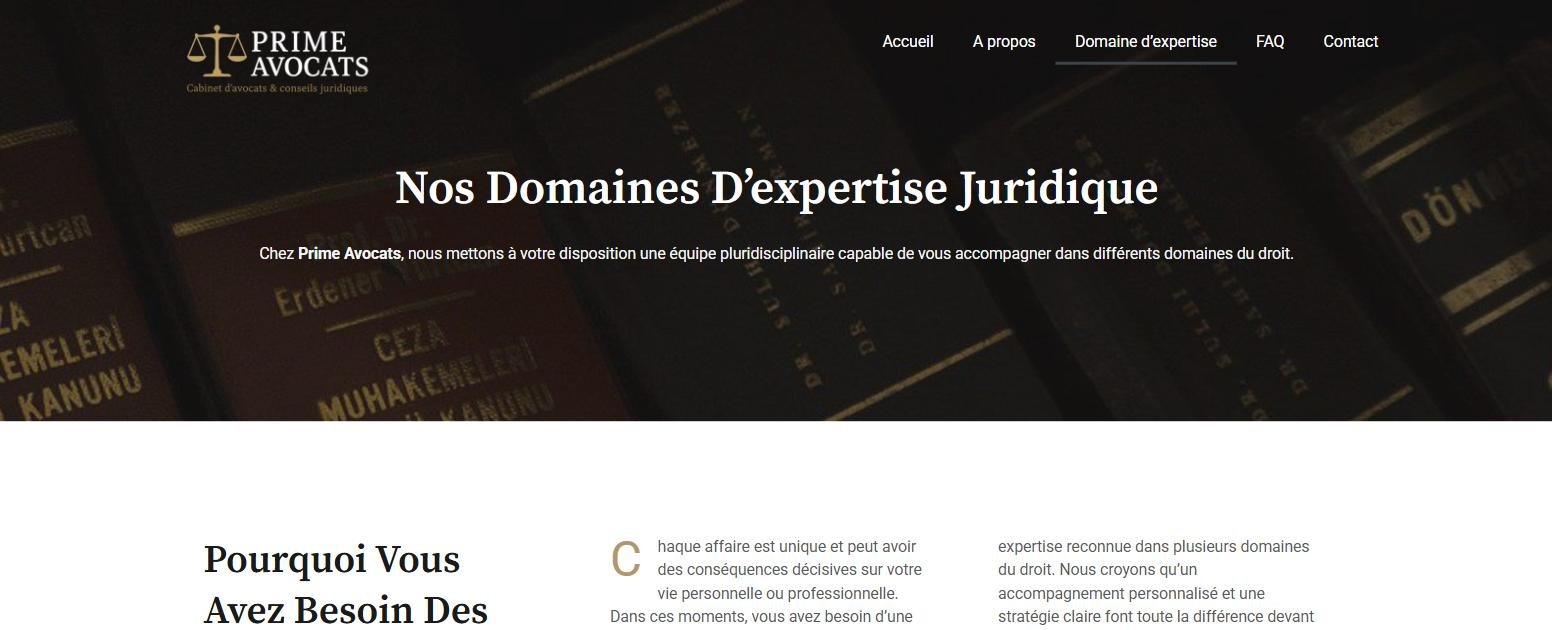 Page Domaines d'expertise du site démo Prime Avocats