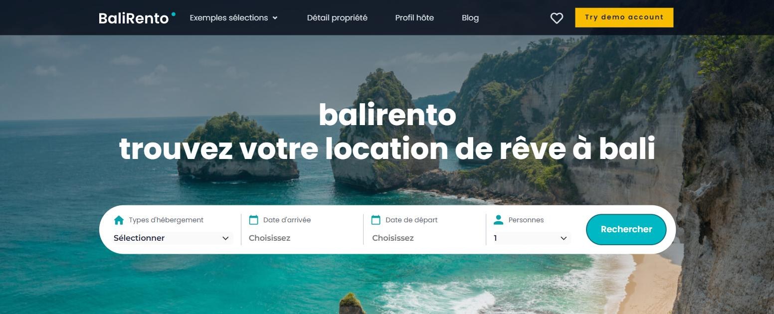 Page d'accueil du site de démonstration BaliRento, location de logements à Bali, réalisé avec WordPress