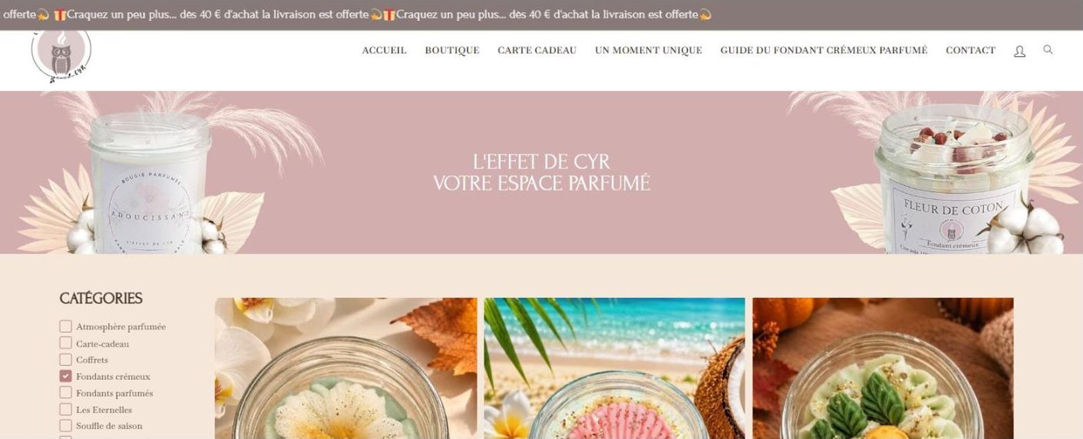 Boutique en ligne L'Effet de Cyr, fondants parfumés artisanaux, réalisée avec WordPress et WooCommerce