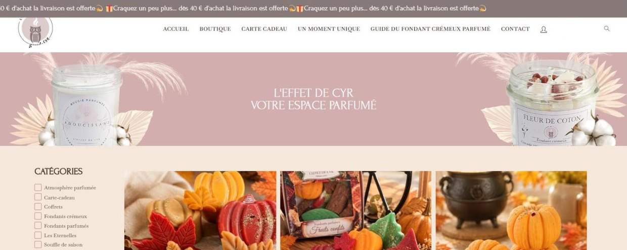 Page Boutique de L'Effet de Cyr avec les catégories de produits