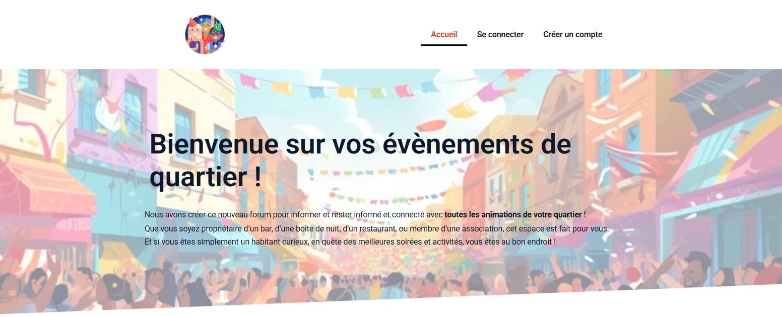 Page d'accueil du site Le Forum, forum d'évènements de quartier, réalisé avec WordPress