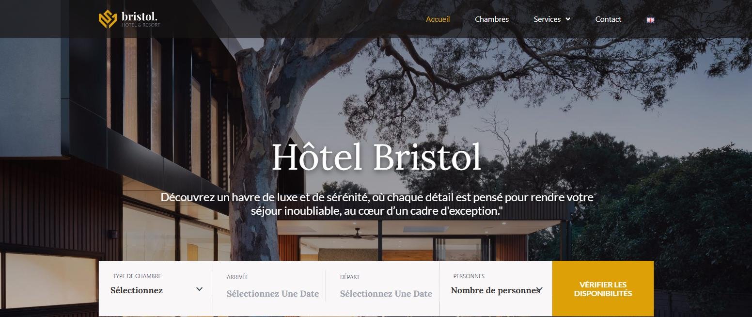 Page d'accueil du site démo Hôtel Bristol avec formulaire de réservation, réalisé avec WordPress