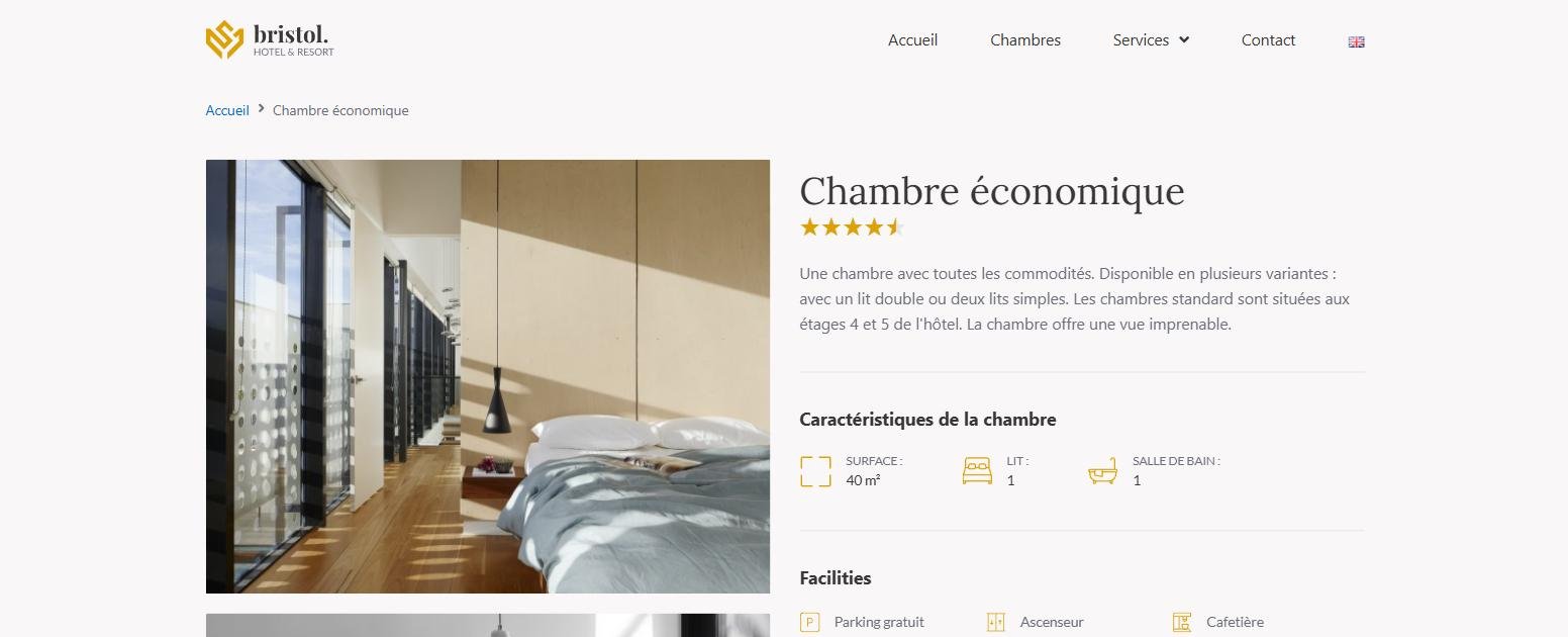 Fiche d'une chambre du site démo Hôtel Bristol
