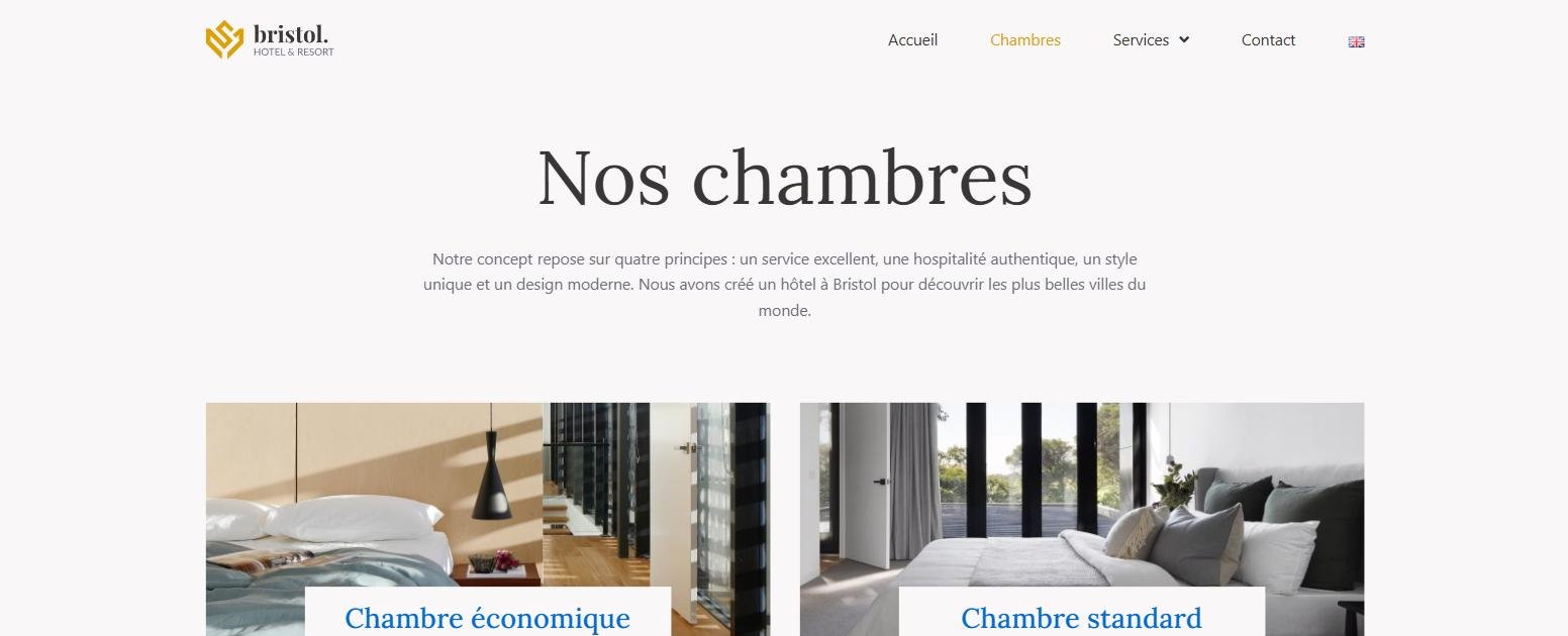 Page Chambres du site démo Hôtel Bristol
