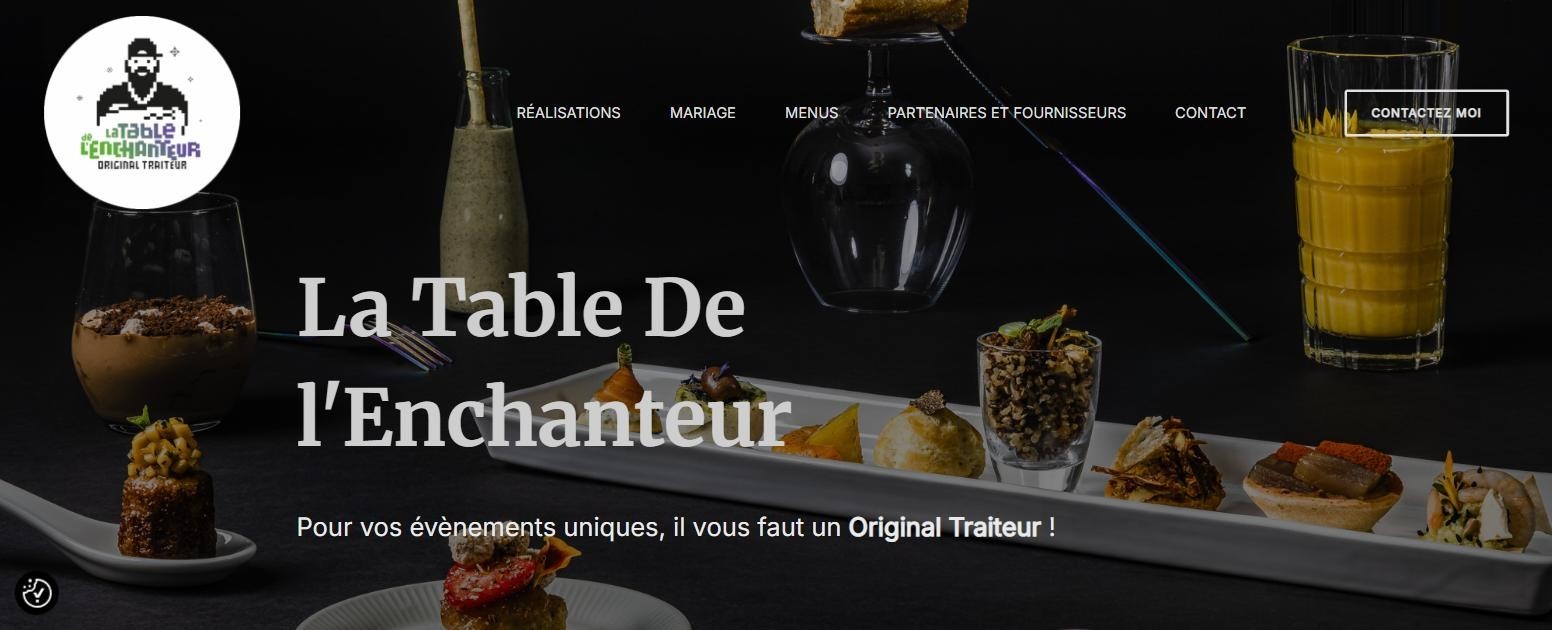 Page d'accueil du site La Table de l'Enchanteur, traiteur gastronomique, réalisé avec WordPress