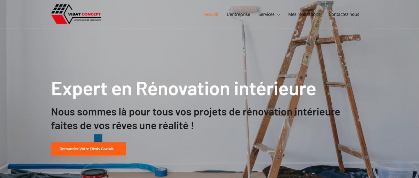 Page d'accueil du site de Vibat Concept, artisan en rénovation intérieure, réalisé avec WordPress